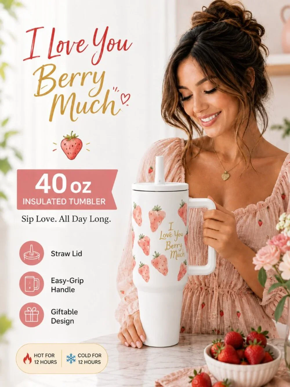 40 oz Strawberry Insulated Tumbler White Stainless Steel Travel Cup